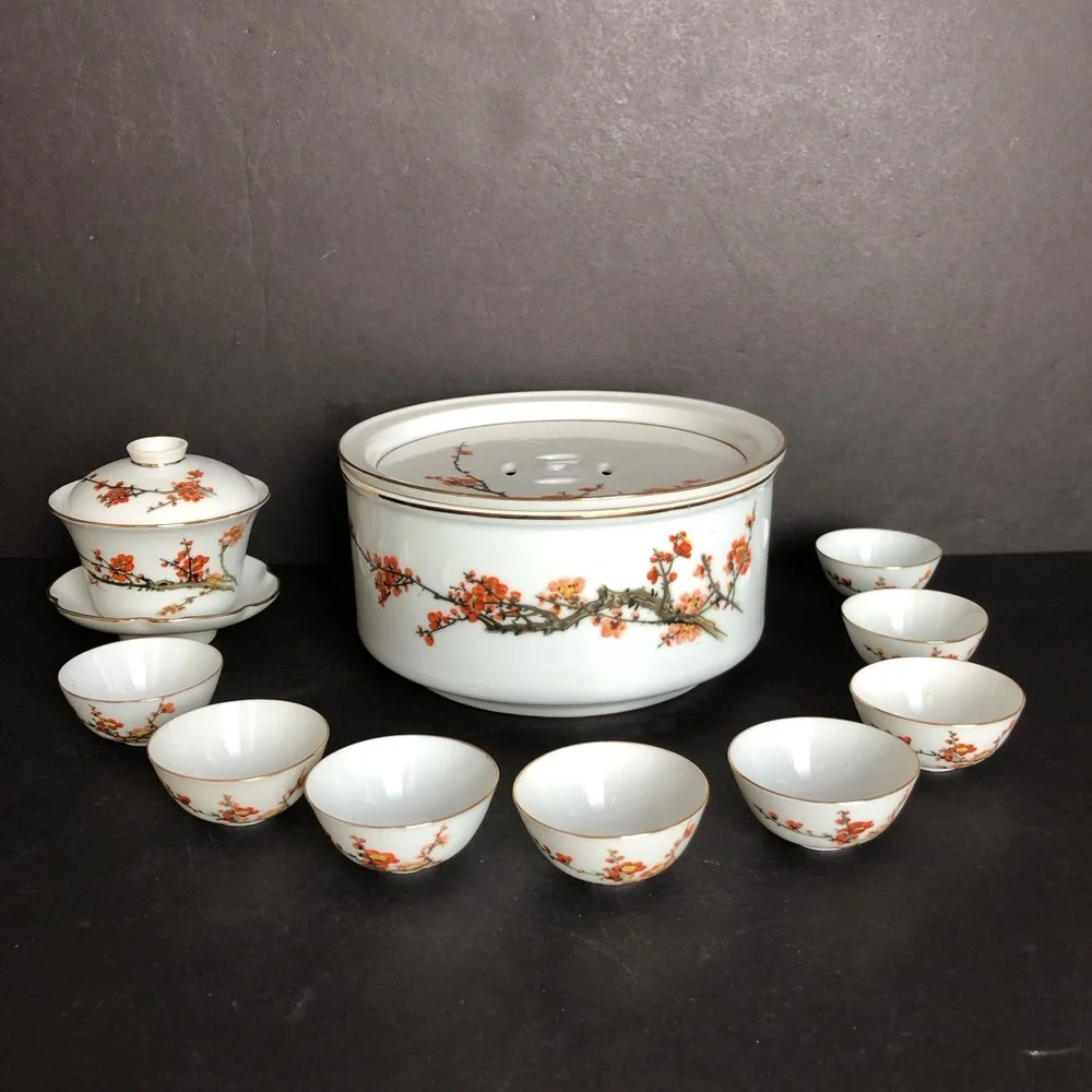 Vintage Gaiwan Tea Set Porcelain w/ Plum Blossom Design Excellent